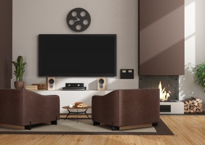 Modern living room with fireplace,armchairs and tv set - 3d rendering