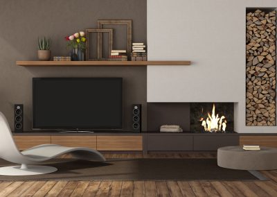 Modern living room with fireplace and tv set